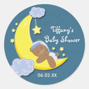 Teddy Bear Moon & Stars Baby Shower Blå Klistermär Runt Klistermärke