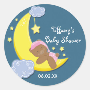 Teddy Bear Moon & Stars Baby Shower Flickor Kliste Runt Klistermärke