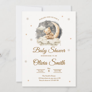 Teddy Bear Moon & Stars Neutral Baby Shower Inbjudningar