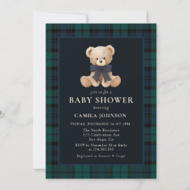 Teddy Bear Navy Plaid Baby Shower Invitation Inbjudningar