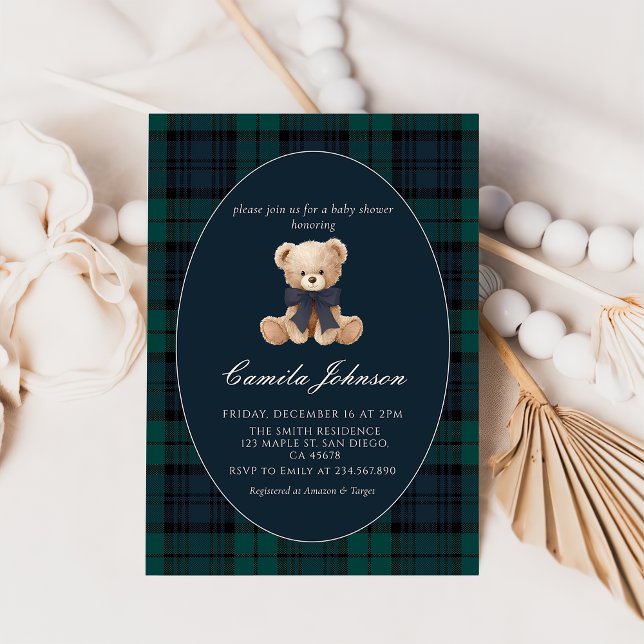 Teddy Bear Navy Plaid Baby Shower Invitation Inbjudningar (Skapare uppladdad)