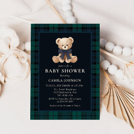 Teddy Bear Navy Plaid Baby Shower Invitation Inbjudningar
