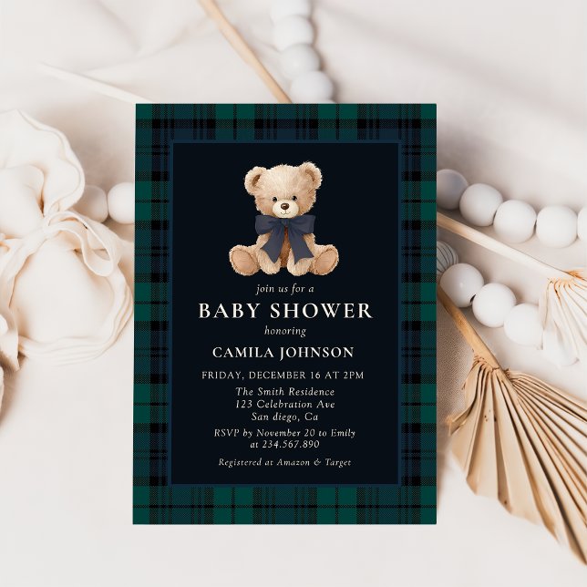 Teddy Bear Navy Plaid Baby Shower Invitation Inbjudningar (Skapare uppladdad)