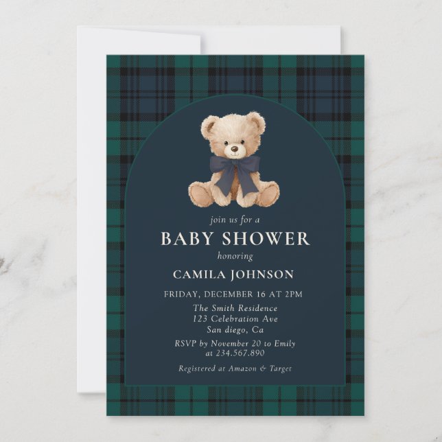 Teddy Bear Navy Plaid Baby Shower Invitation Inbjudningar (Framsida)