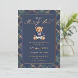 Teddy Bear Navy Tartan Plaid Classic Baby Shower Inbjudningar