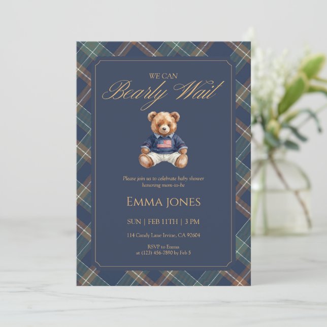 Teddy Bear Navy Tartan Plaid Classic Baby Shower Inbjudningar (Stående Fram)
