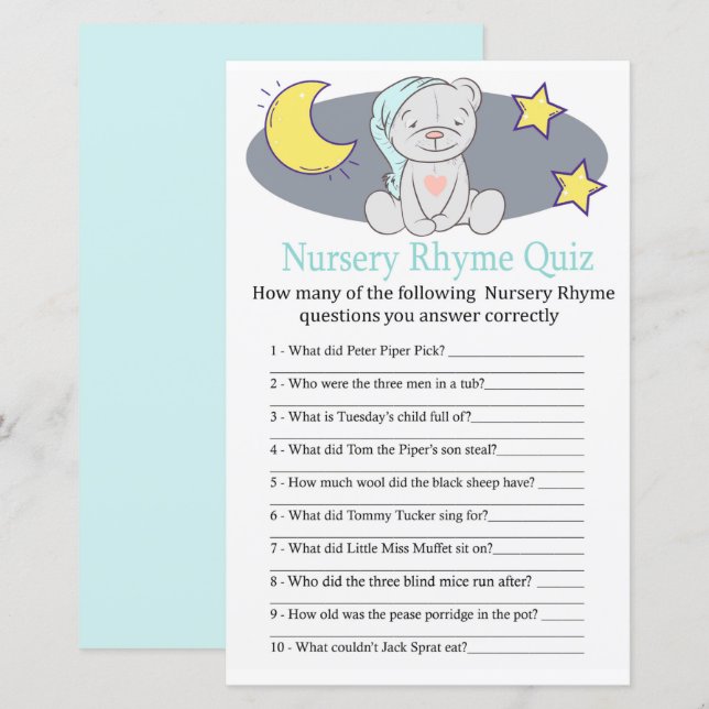 Teddy bear Nursery Rhyme Quiz baby shower-spel (Fram/baksida)