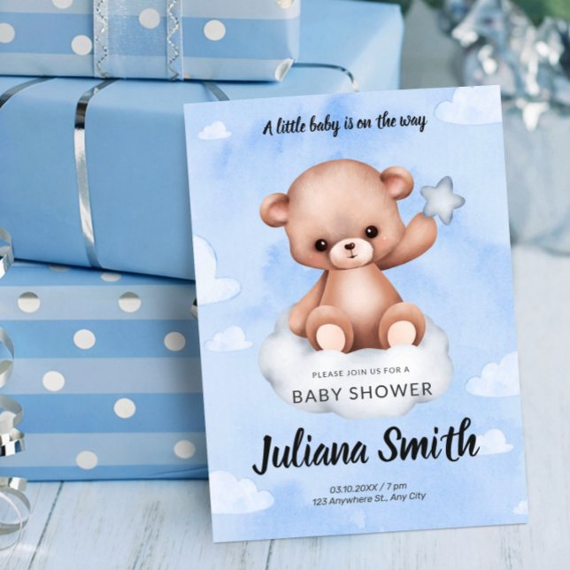 Teddy Bear on Cloud Watercolor Blue Baby Shower Inbjudningar (Teddy Bear on Cloud Watercolor Blue Baby Shower Invitation, We Can Bearly Wait)