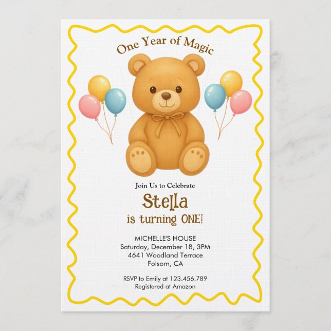 Teddy Bear One Year of Magic First Birthday  Inbjudningar (Framsida)