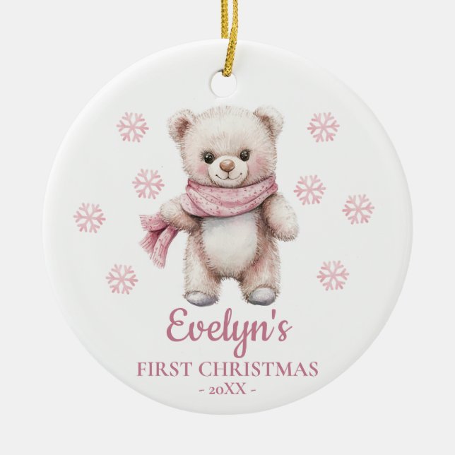 Teddy Bear Personalized Girl's First Christmas Julgransprydnad Keramik (Framsidan)