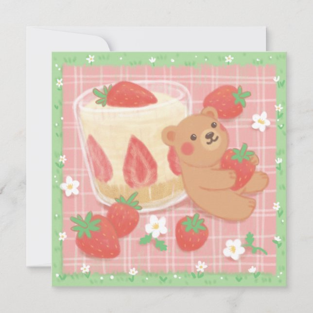 Teddy Bear Picnic with Strawberries Tack Kort (Framsida)