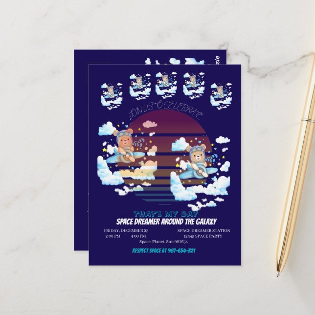 Teddy Bear Pilot Airplane Art Vykort (Fram/Back In Situ)