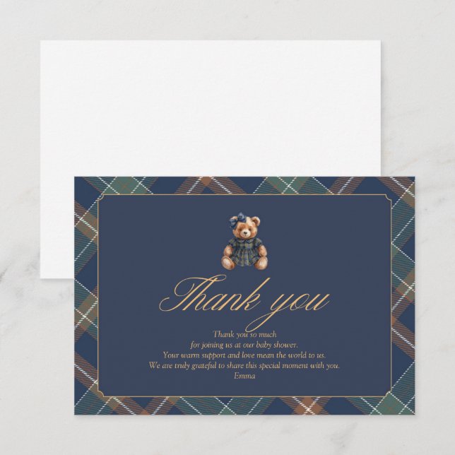 Teddy Bear Plaid Girl Baby Shower Thank You Card Tack Kort (Fram/baksida)