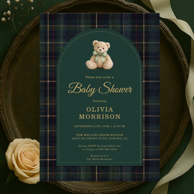 Teddy Bear Plaid Green Blue Tartan Baby Shower Inbjudningar (Skapare uppladdad)
