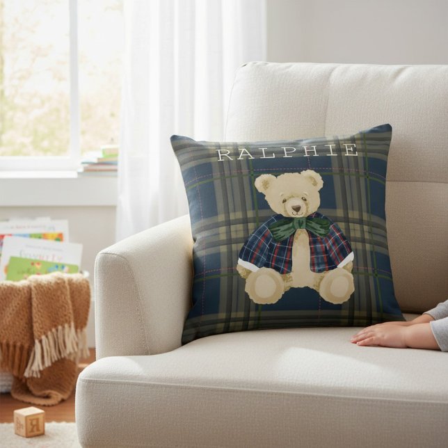 Teddy Bear Plaid Nursery Decor Throw Pillow Kudde (Skapare uppladdad)