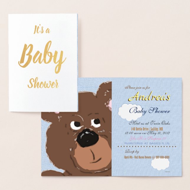 Teddy Bear Powder Blue Baby Shower Folierat Kort (Display)