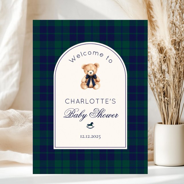 Teddy bear Preppy Plaid Baby Shower Welcome Poster (Skapare uppladdad)