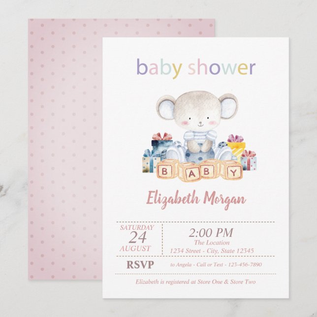 Teddy Bear Presents Dots Baby Shower  Inbjudningar (Fram/baksida)