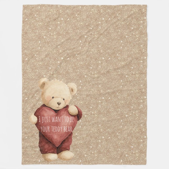 Teddy Bear Red Heart Gold Glitter Fleecefilt (Framsidan)