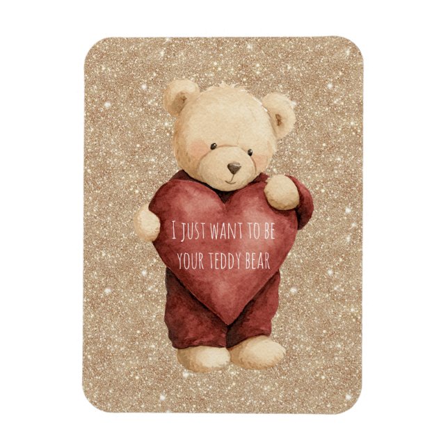 Teddy Bear Red Heart Gold Glitter Magnet (Vertikal)