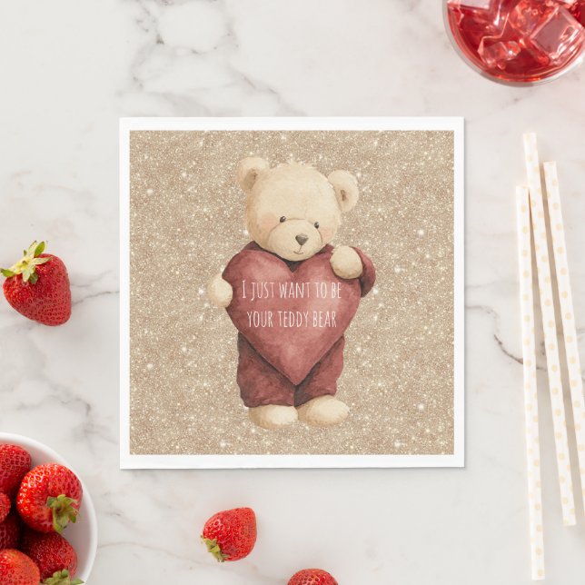 Teddy Bear Red Heart Gold Glitter Pappersservett (Insitu)