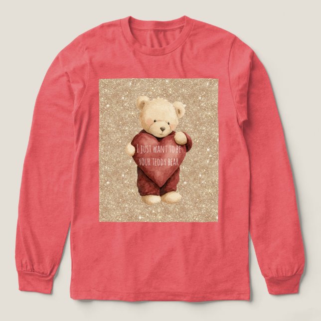 Teddy Bear Red Heart Gold Glitter T Shirt (Design framsida)