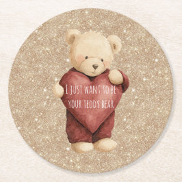 Teddy Bear Red Heart Gold Glitter Underlägg Papper Rund