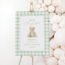 Teddy Bear Sage Gingham Baby Shower Välkomstskylt