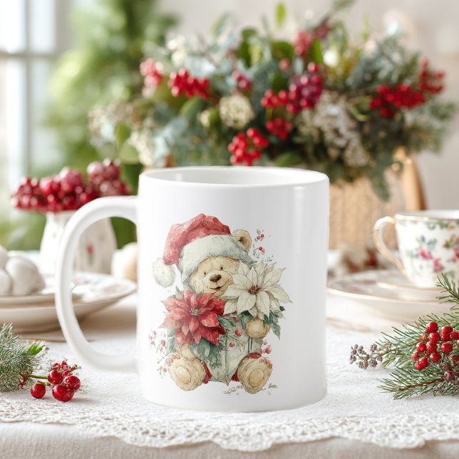 Teddy bear Santa Claus with Christmas flowers Kaffemugg (Skapare uppladdad)