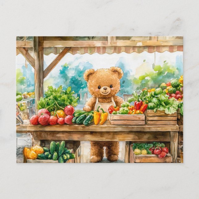 Teddy Bear Selling Fruit at Farmers Market Vykort (Framsida)