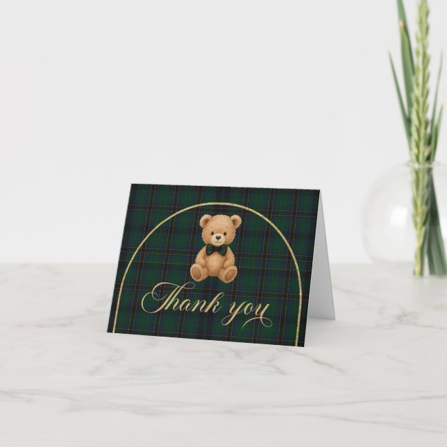 Teddy Bear Tartan Baby Shower Thank You Card Tack Kort (Framsida)