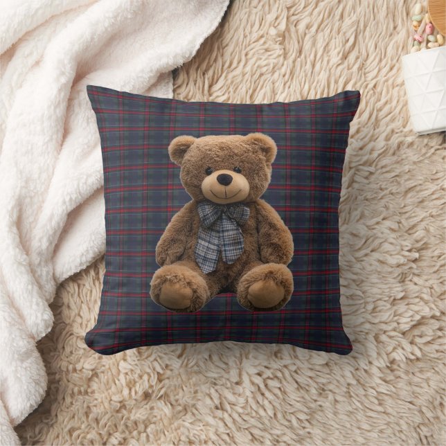 Teddy Bear Tartan Monogram Födelsestatistik Nyfödd Kudde (Filt)