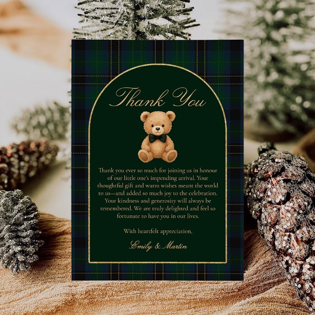 Teddy Bear Tartan Plaid Baby Shower Thank You Card Tack Kort (Skapare uppladdad)
