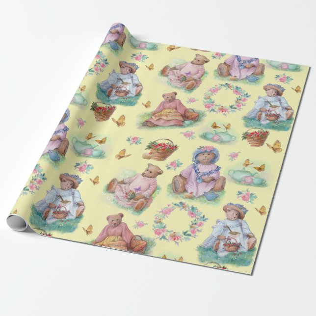 Teddy Bear Tea Party Vintage Palett  Presentpapper (Utrullad)