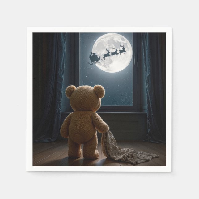 Teddy Bear Watching Santa Claus and Reindeer Pappersservett (Framsidan)