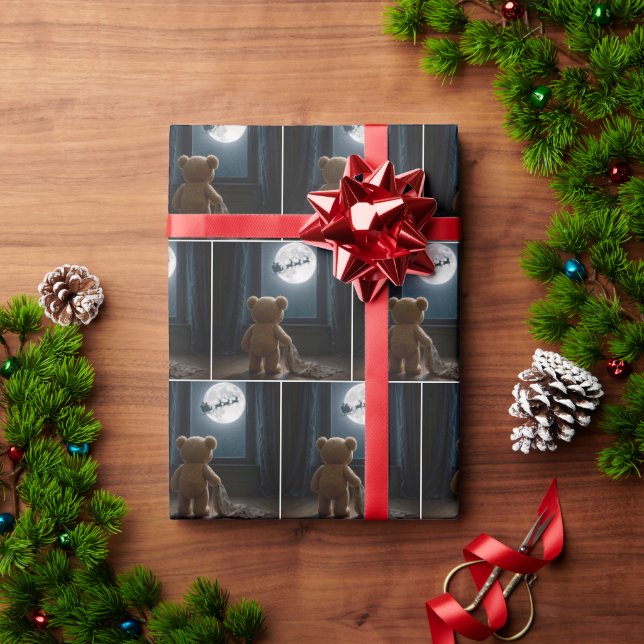Teddy Bear Watching Santa Claus and Reindeer Presentpapper (Julgåva)