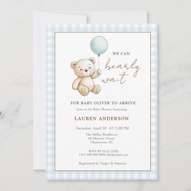 Teddy Bear We can Bearly wait Boy Baby shower Inbjudningar (Framsida)
