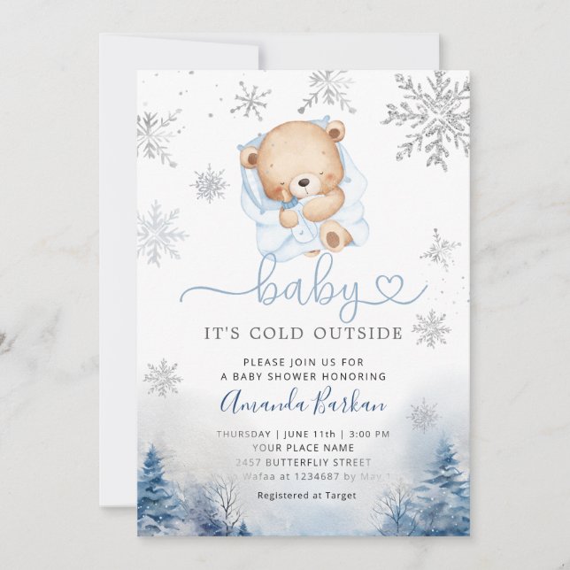 Teddy Bear Winter snowflakes Blue Boy Baby shower  Inbjudningar (Framsida)
