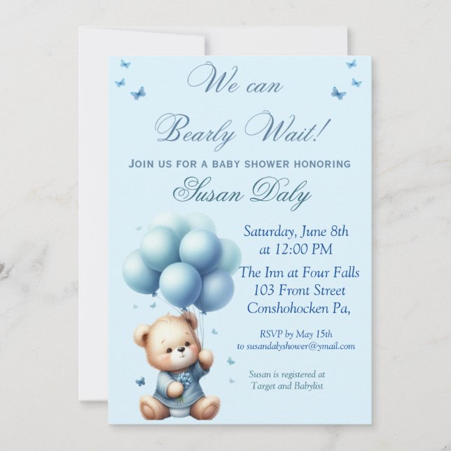 Teddy Bear with balloons baby shower invitation Inbjudningar (Framsida)