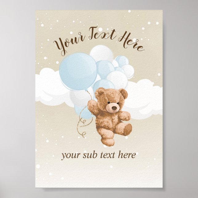 Teddy Bear with Blue Balloons Table Sign Poster (Framsidan)