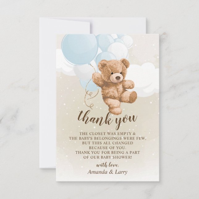 Teddy Bear with Blue Balloons Thank You Card Inbjudningar (Framsida)