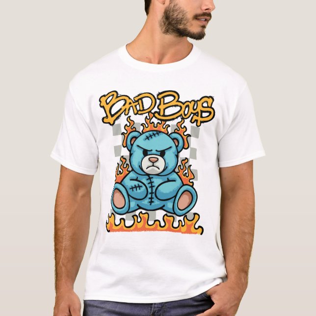 Teddy Bear with Flames streetwear T Shirt (Framsida)