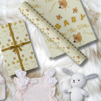 Teddy Bear With Gold Cream Text Baby Shower Presentpapper