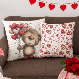 Teddy Bear With Heart Balloons & LOVE Pattern Kudde