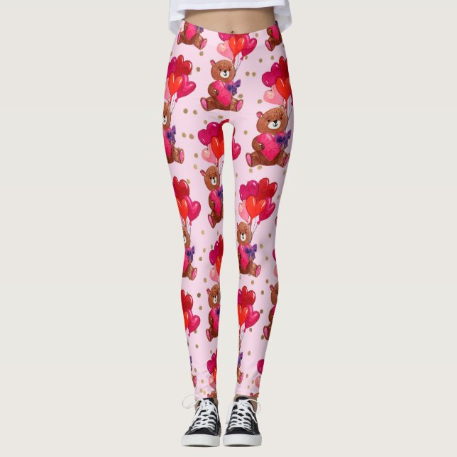 Teddy Bear With Heart Balloons Pattern Leggings (Framsida)