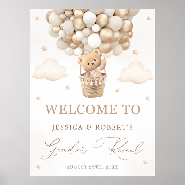 Teddy Bear with Neutral Balloons Gender Reveal Poster (Framsidan)