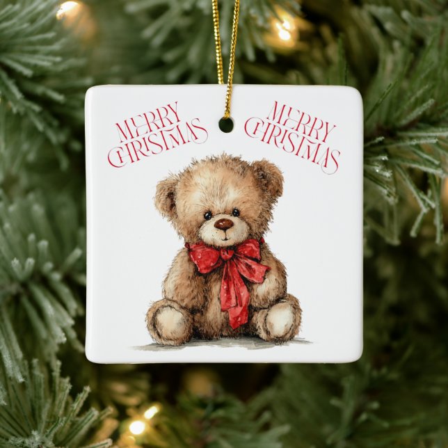 Teddy Bear with Red Bow | Merry Christmas Ornament (Träd)