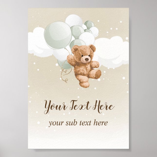Teddy Bear with Sage Balloons Table Sign Poster (Framsidan)
