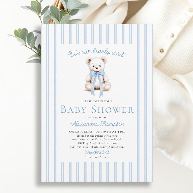 Teddy Bearly Vänta Neutrala Blå Ränder Baby Shower Inbjudningar (bearly wait baby shower invitation traditional classic nursery decor blue stripes teddy bear bow)