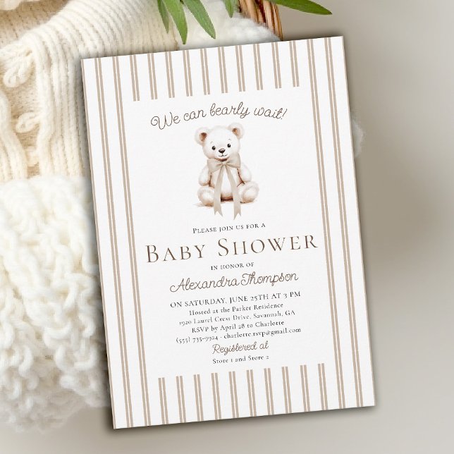 Teddy Bearly Wait Neutral Tan Stripes Baby Shower Inbjudningar (bearly wait baby shower invitation traditional classic nursery stripes teddy bear bow watercolor)